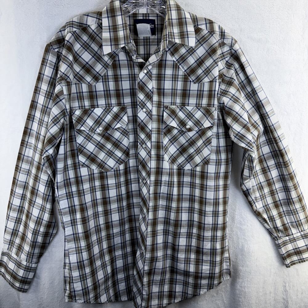Vintage Wrangler Pearl Snap Shirt Mens Large Brown Blue Plaid Wrancher Button Up